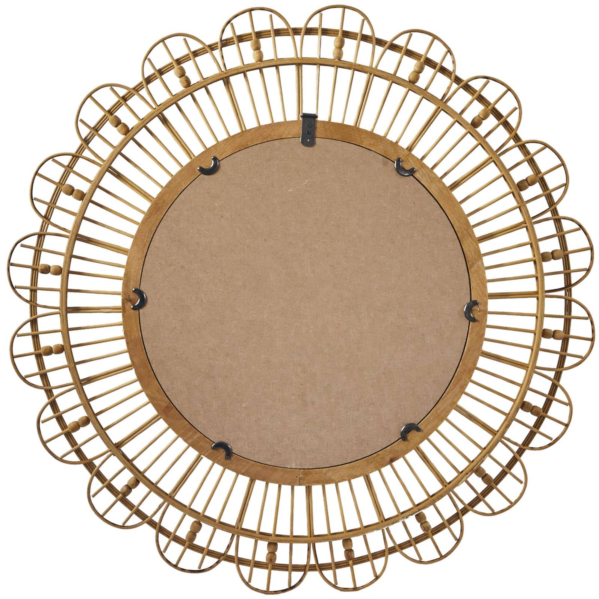 35" Brown Handmade Bamboo Woven Wall Mirror with Beaded Accents